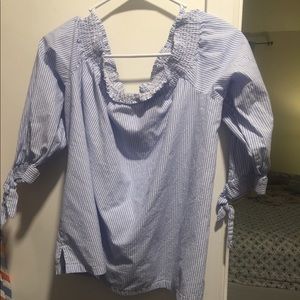 Blue and white striped off the shoulder blouse